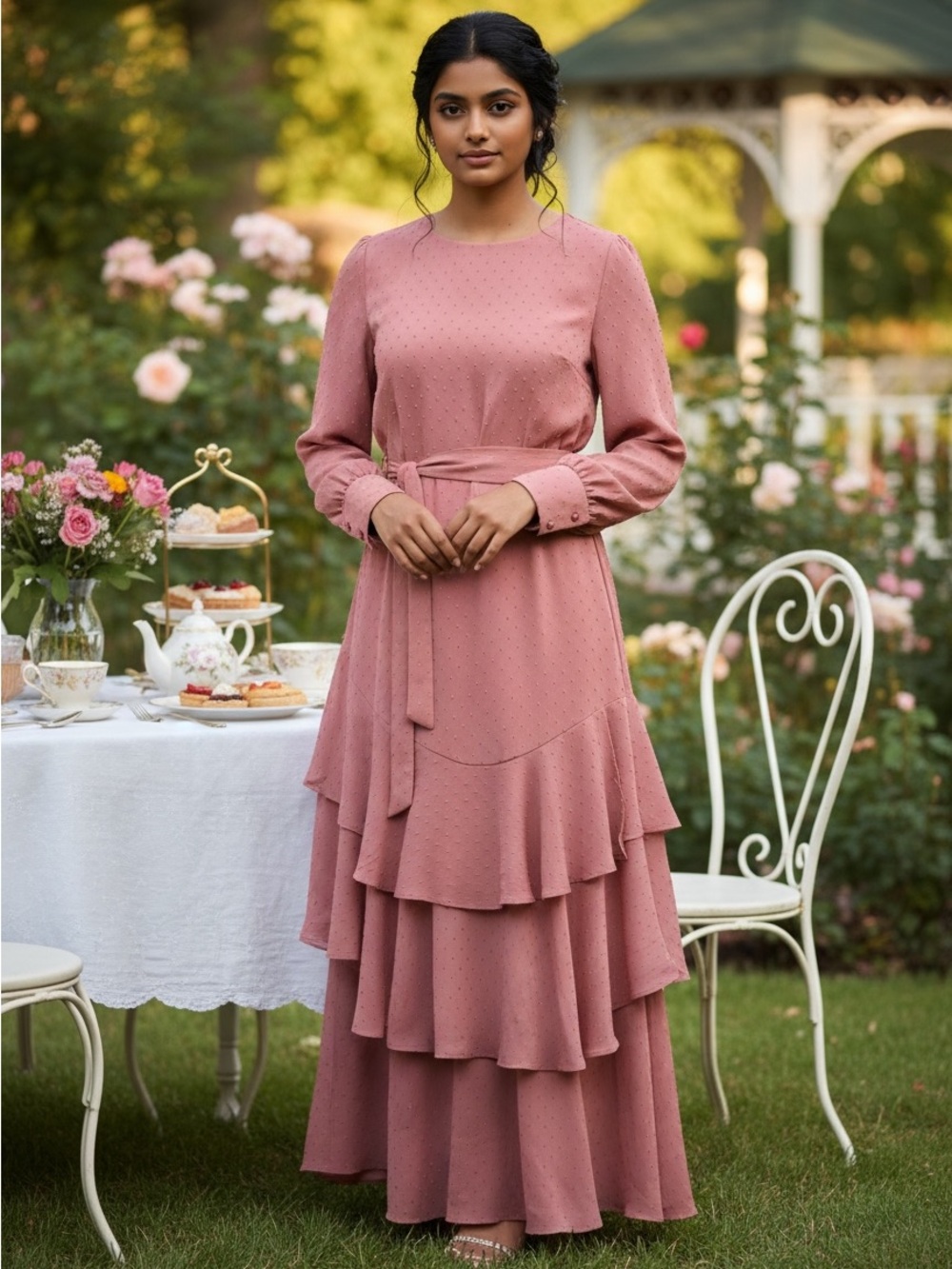 Tiered Ruffle Maxi Dress in Dusty Rose - Picture 1 of 12